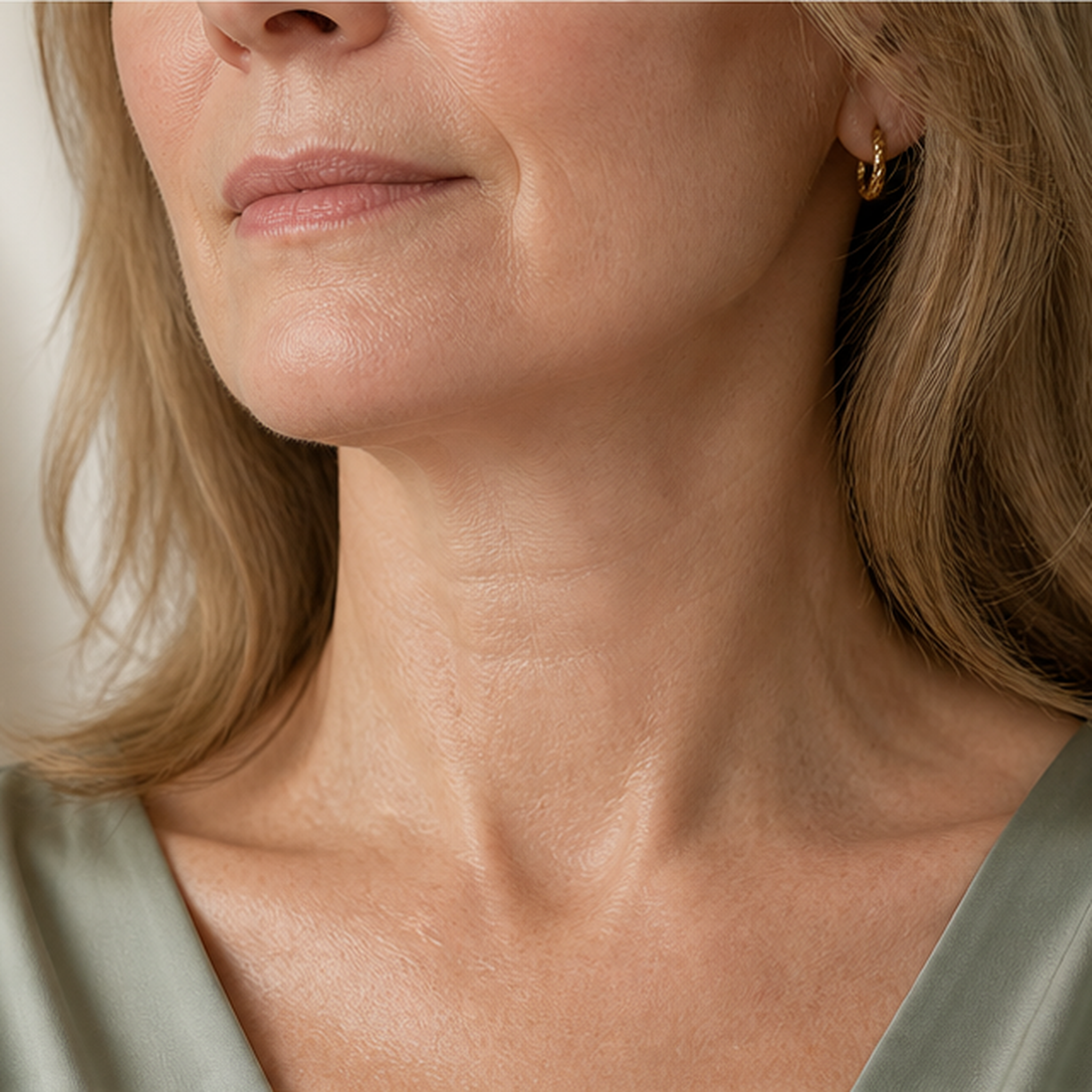 The same neck and jawline after the peptide treatment, with softer lines and smoother texture