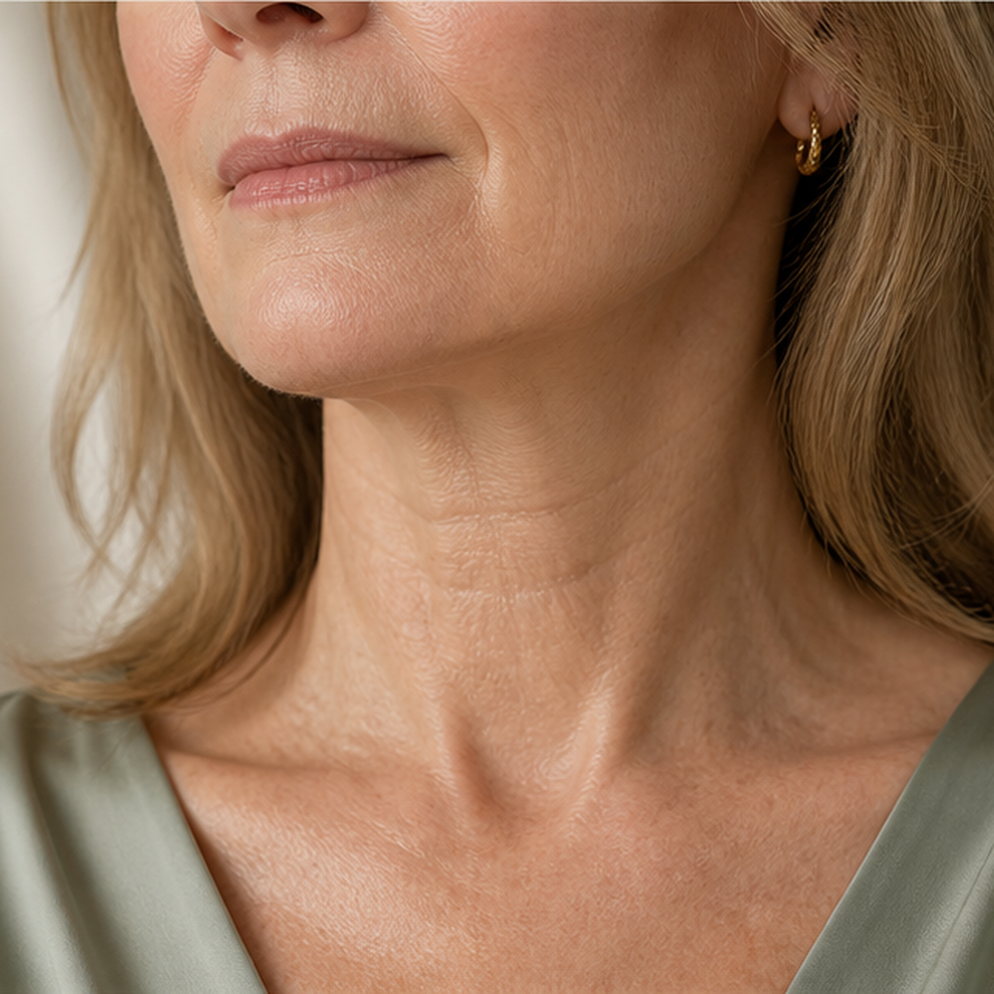 Neck and jawline before the peptide treatment, with visible horizontal lines