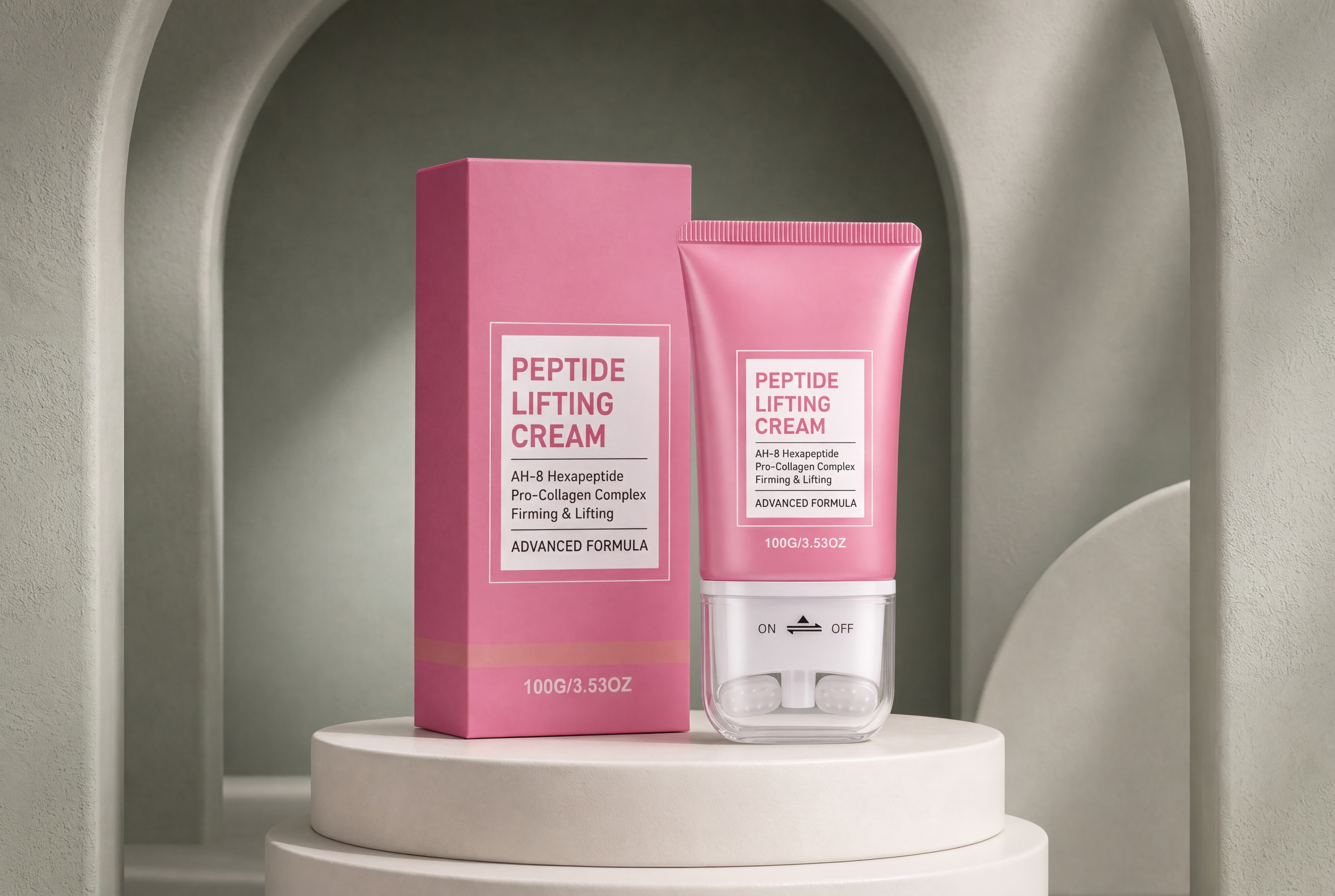 Peptide lifting cream and carton on a pale pedestal against a sage arch