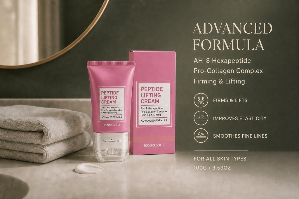 Peptide lifting cream and carton beside folded towels with advanced formula callouts
