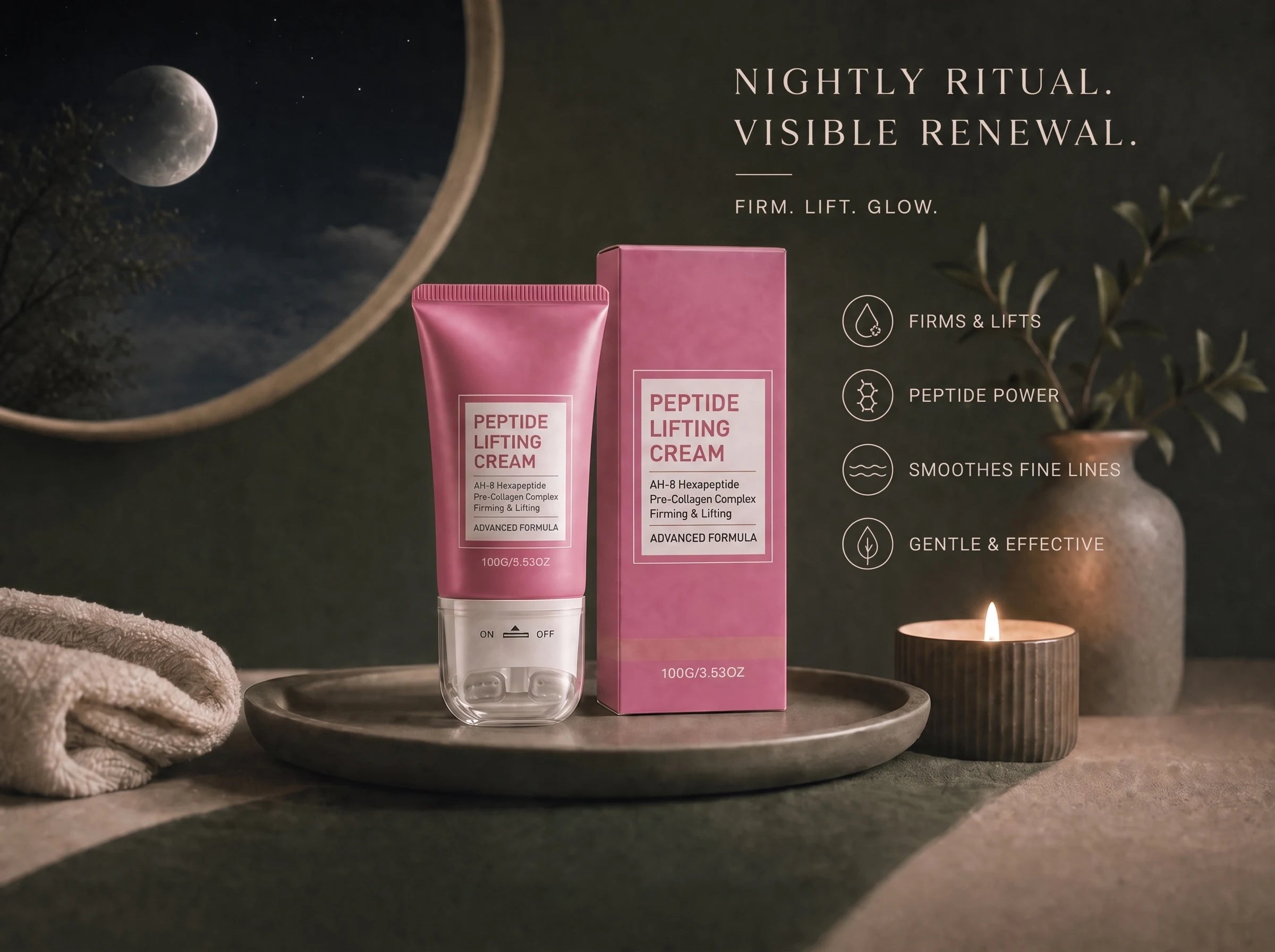 Peptide lifting cream and carton in a moonlit nighttime ritual setting