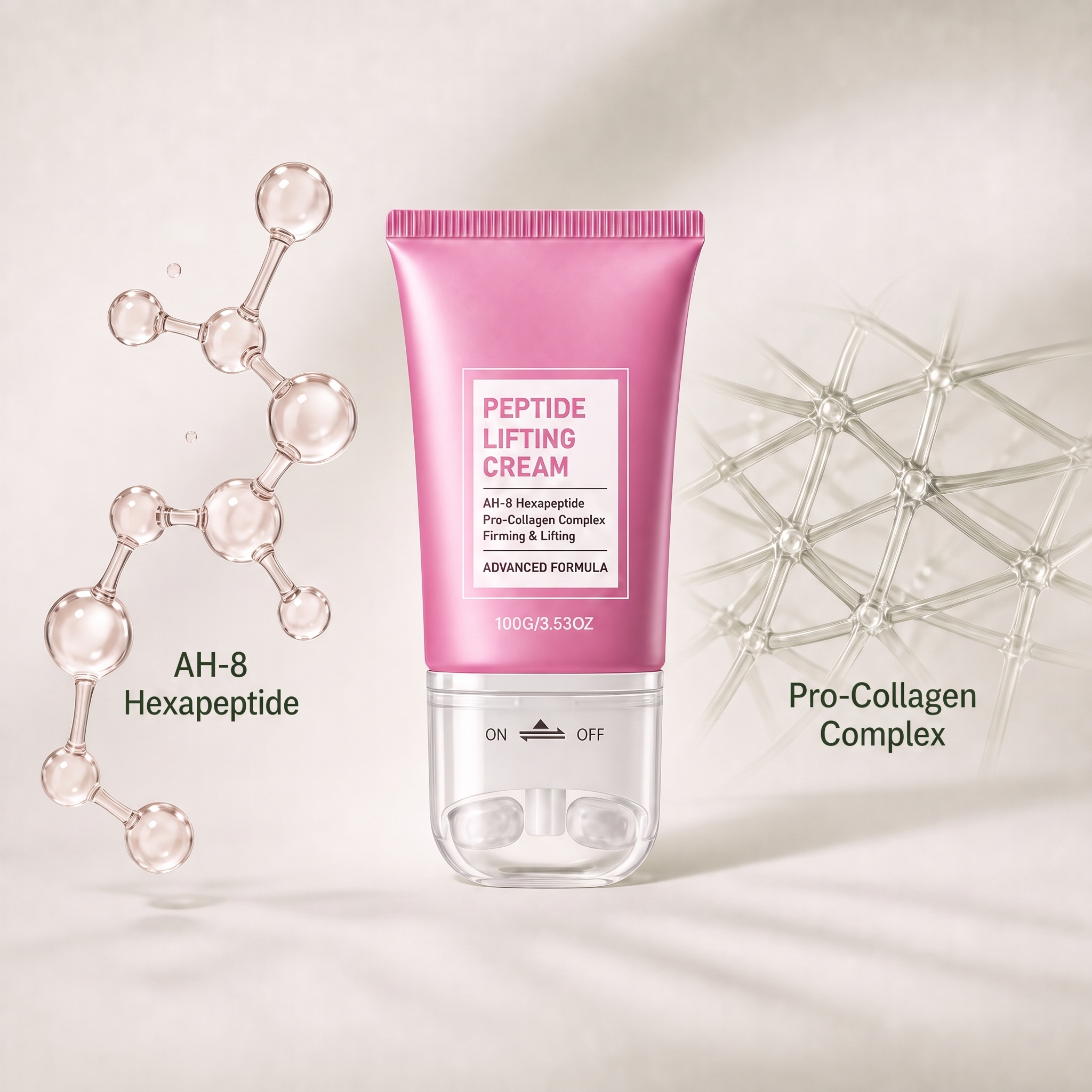 The peptide lifting cream between an AH-8 Hexapeptide molecule and a Pro-Collagen lattice