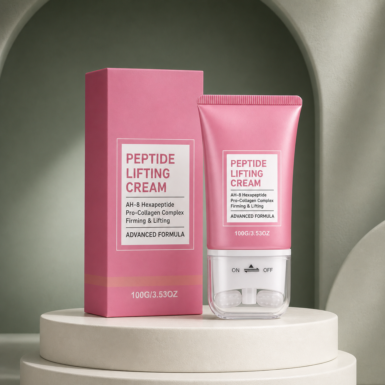 Peptide lifting cream standing on a pale pedestal