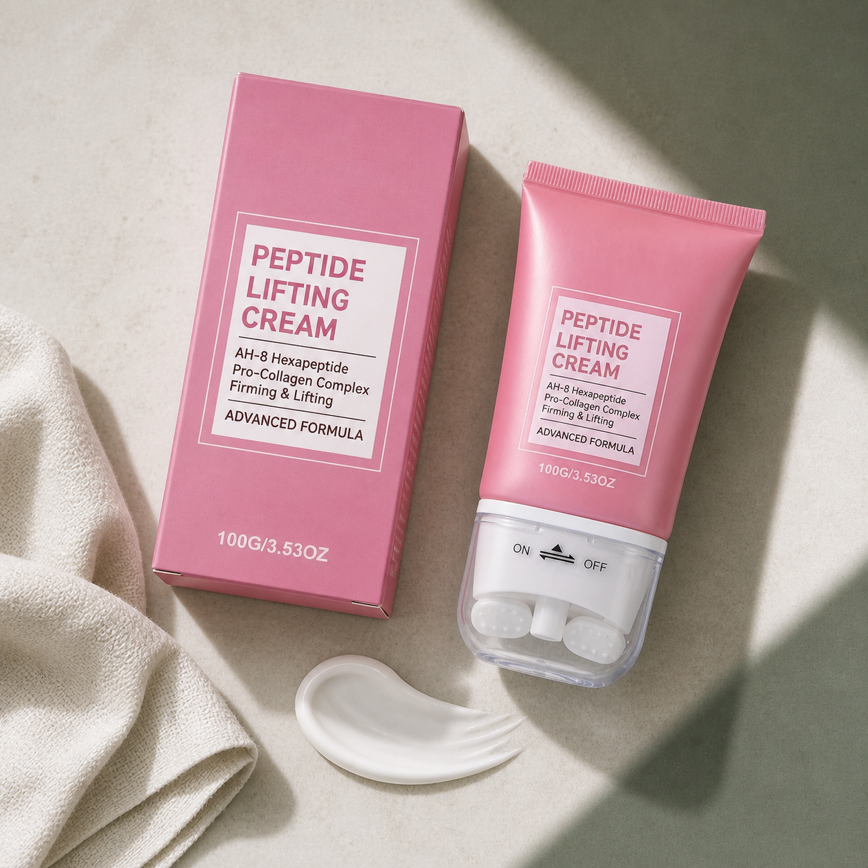 Peptide lifting cream with its carton and a swatch of cream