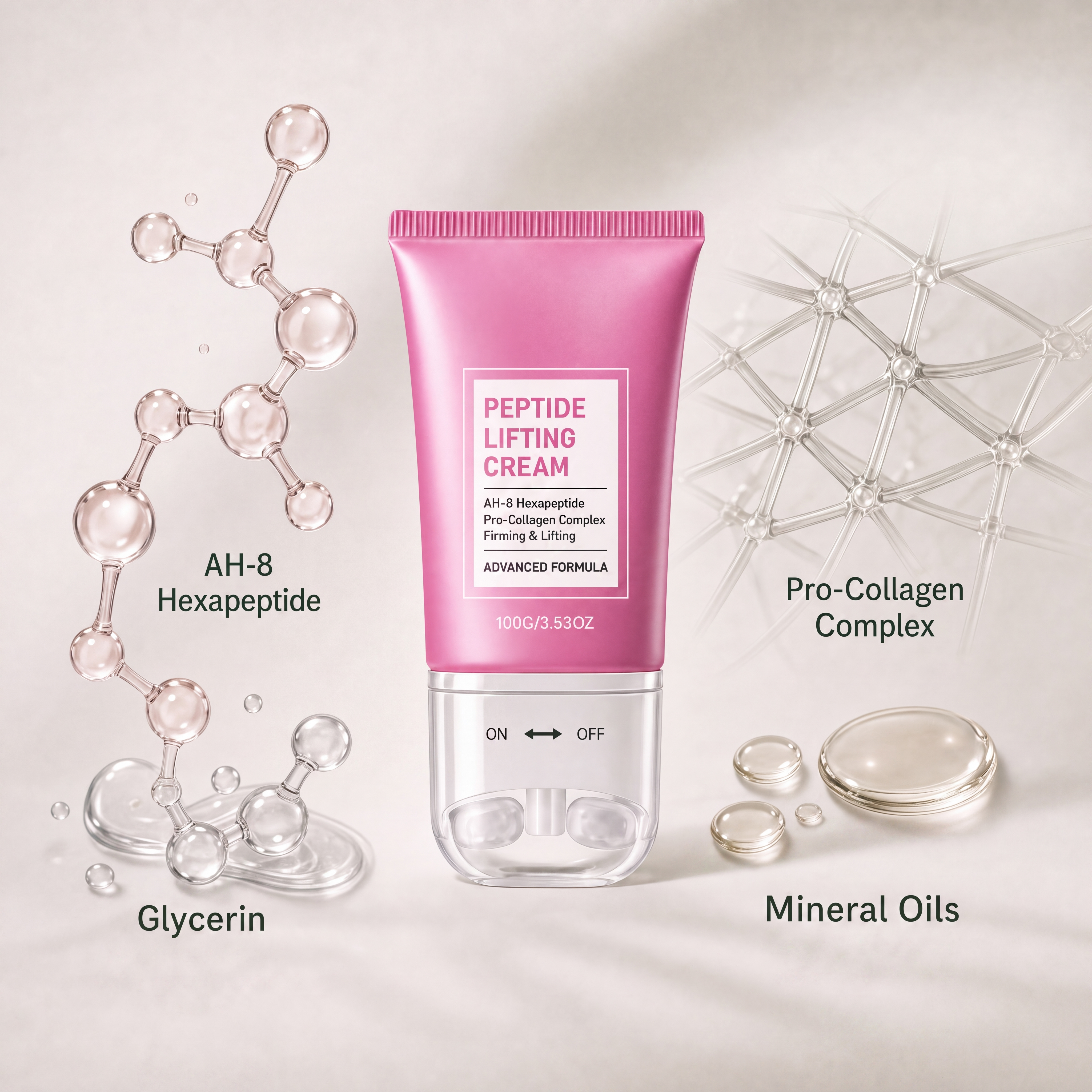 The peptide lifting cream photographed with its key ingredients